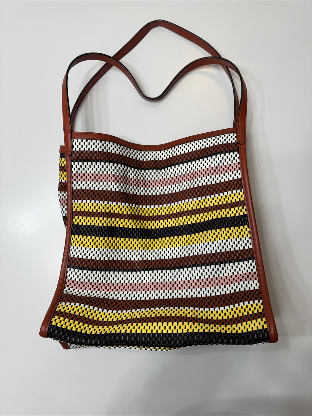 Rebecca Minkoff Striped Woven Tote in Brown, Yellow, White, Pink